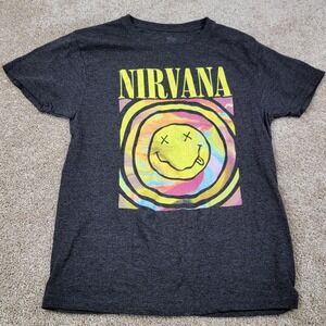 Nirvana Smiley Face T Shirt Graphic Tee Charcoal Gray Short Sleeve Size Medium